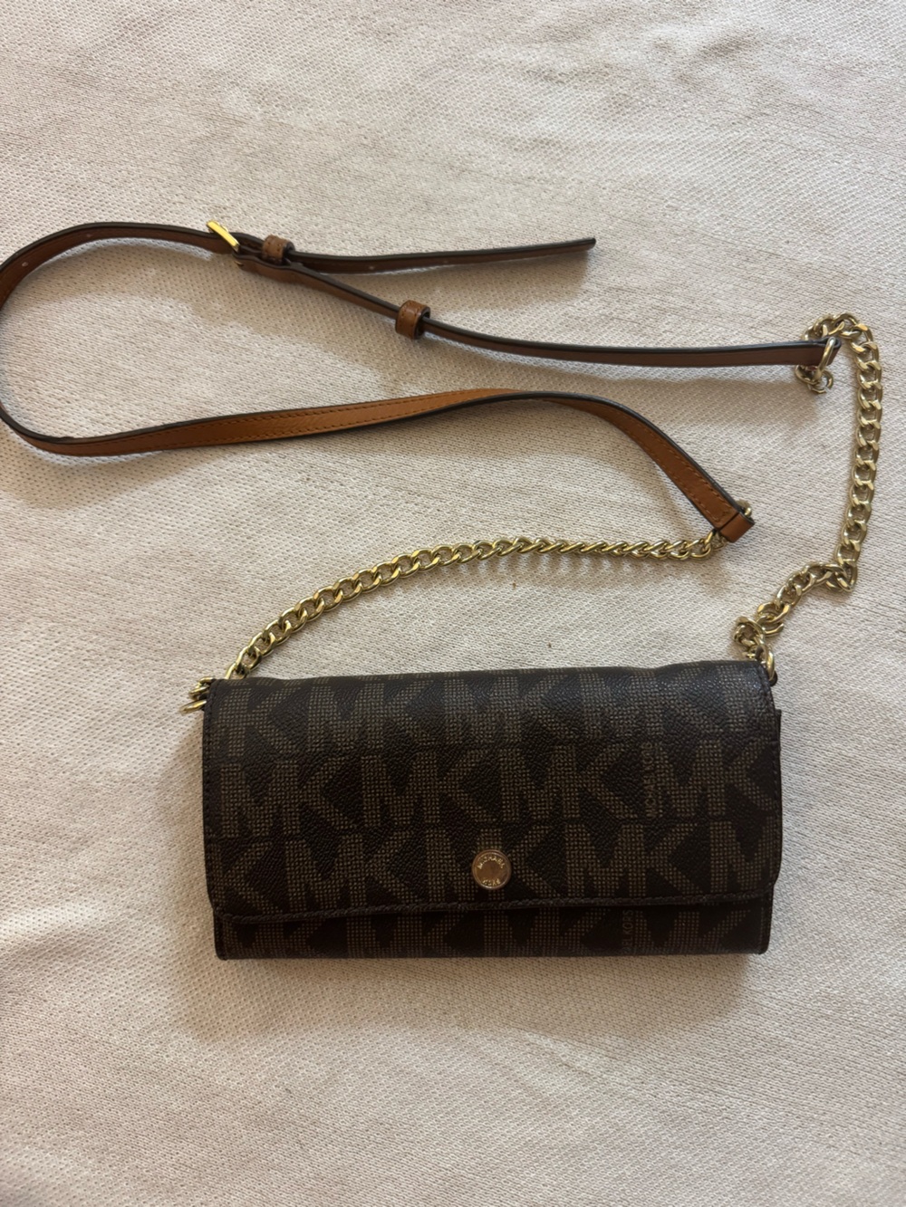 Michael Kors Dark Brown Logo Crossbody Wallet with Gold Chain Strap